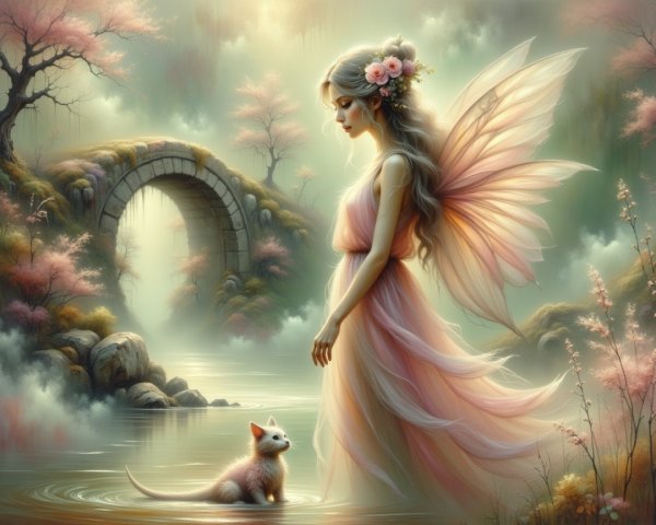 Fairy by Tranquil River with Fox and Bridge