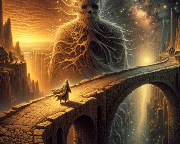 Surreal Landscape with Stone Bridge and Ominous Figure