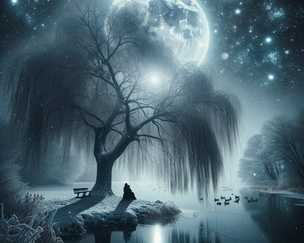 Moonlit Night with Weeping Willow by a Still Lake