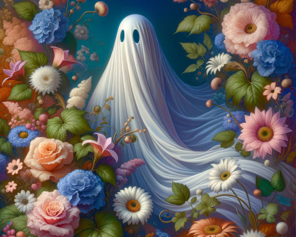 Whimsical Ghost in a Colorful Flower Garden