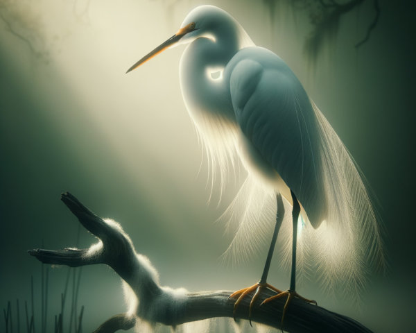 Majestic white heron on a moss-covered branch in mist
