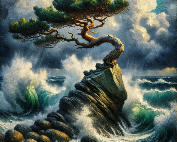 Resilient Tree on Rocky Outcrop Against Tumultuous Sky