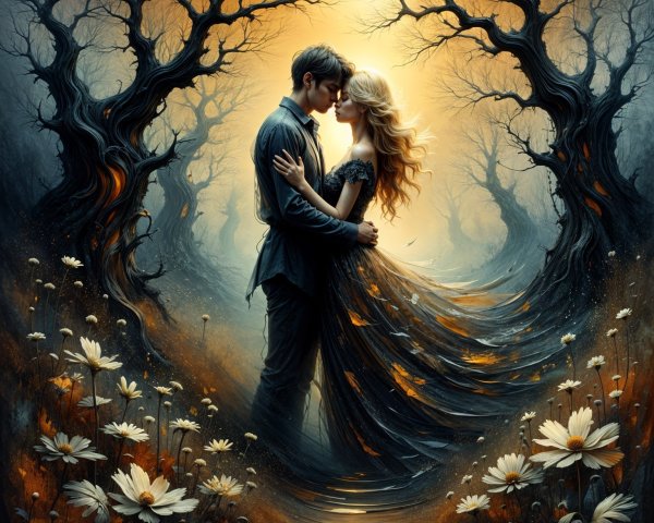 Romantic Embrace in a Mystical Forest Setting