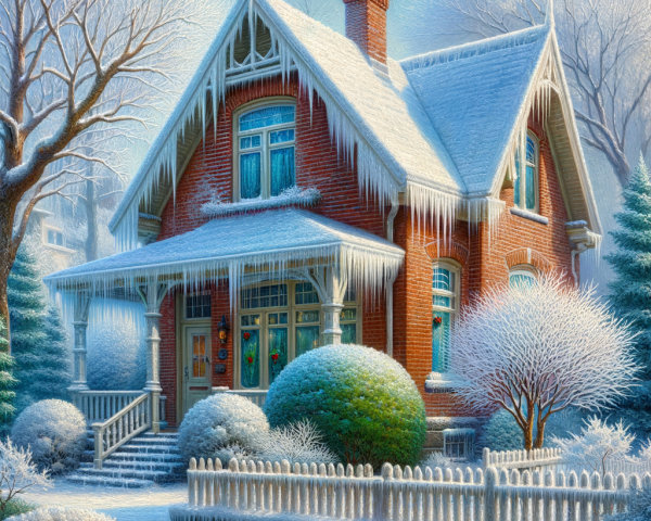 Victorian House in Snow with Picket Fence and Wreath