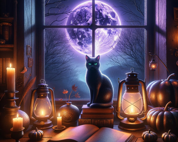 Black Cat by Window with Moonlit Autumn Decor