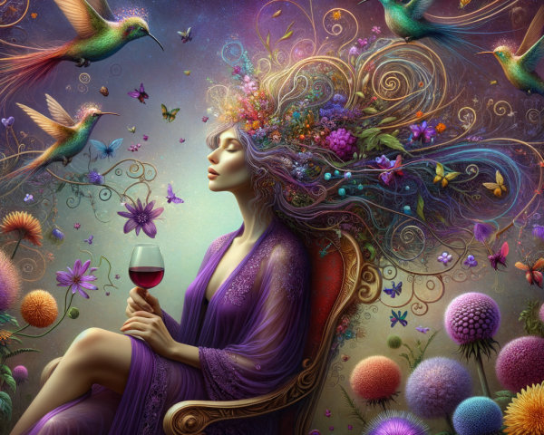 Elegant Woman in Purple Robe Surrounded by Nature