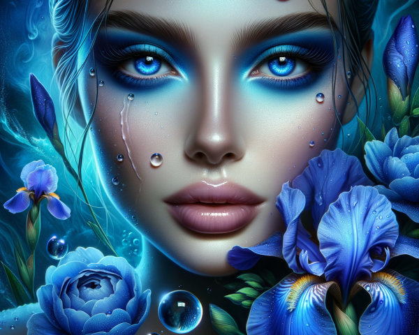 Artistic portrayal of a woman with blue eyes and flowers