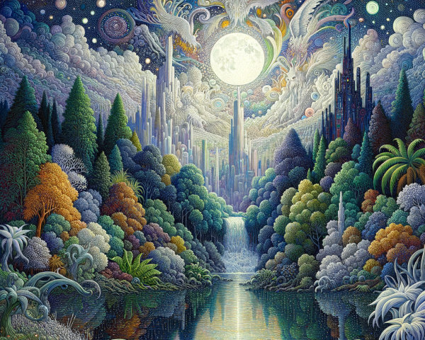 Vibrant Fantasy Landscape with Serene Lake and Moon