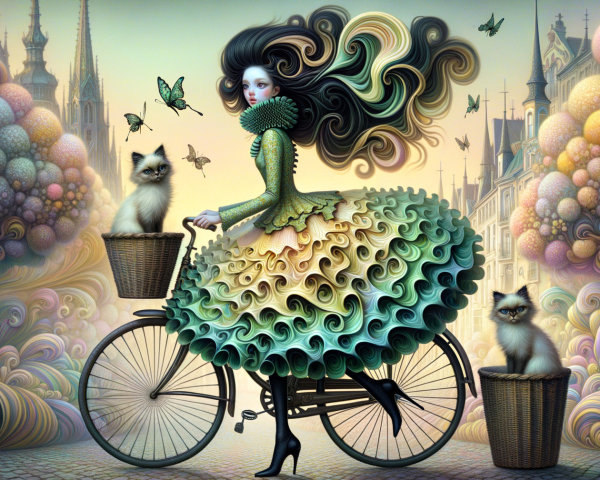 Whimsical Bicycle Scene with Colorful Dress and Cats