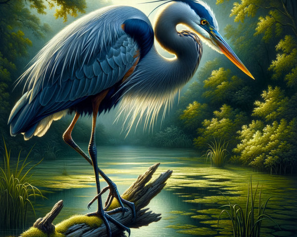 Heron on Mossy Log in Serene Green Landscape