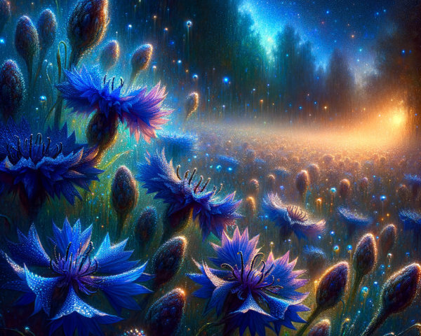 Ethereal Landscape with Luminous Blue Flowers and Stars