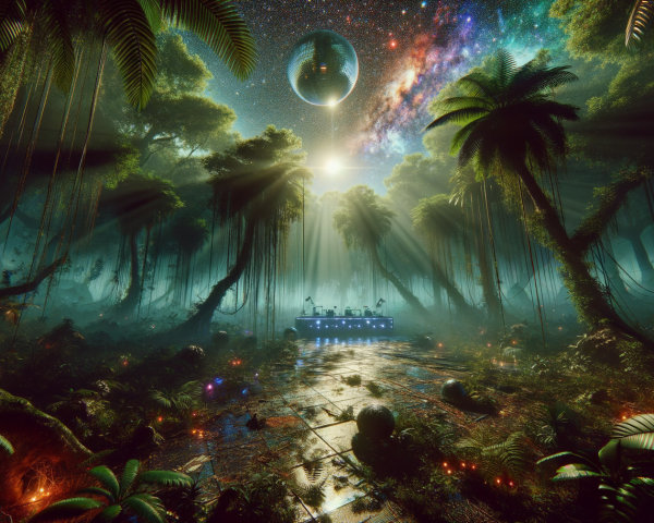 Otherworldly jungle scene with glowing futuristic structure