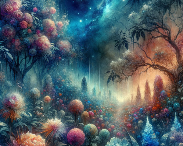 Surreal Landscape with Colorful Flowers and Night Sky