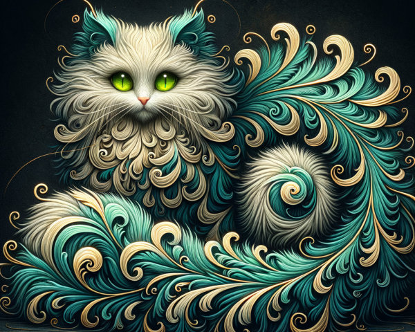 Intricate Illustration of a White Cat with Green Eyes