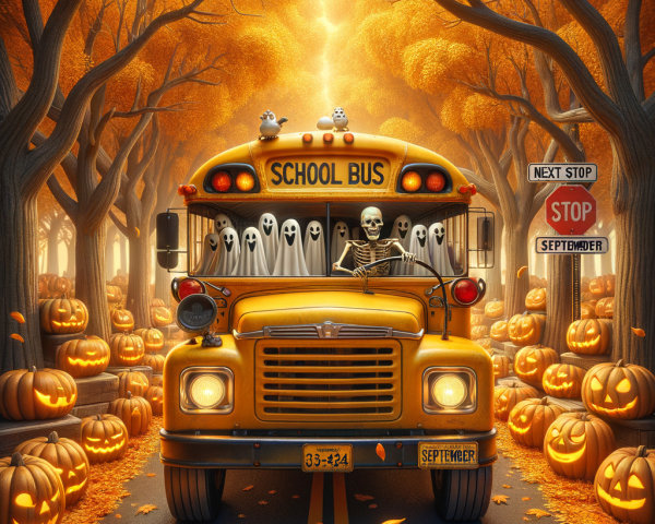 Whimsical Halloween School Bus on Autumn Street