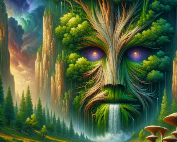 Surreal Landscape with Majestic Tree Face and Waterfall
