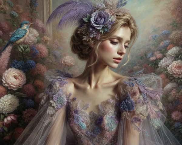 Serene young woman in embroidered floral gown