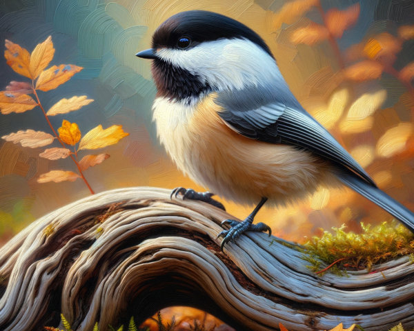 Bird on Weathered Log Amidst Autumn Leaves