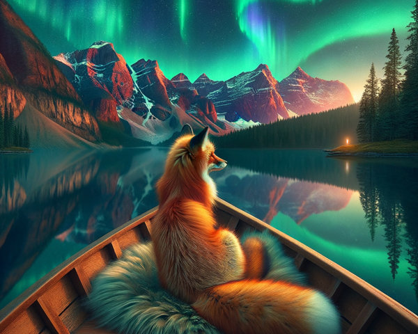 Fox in a Boat Under Aurora Borealis at Tranquil Lake