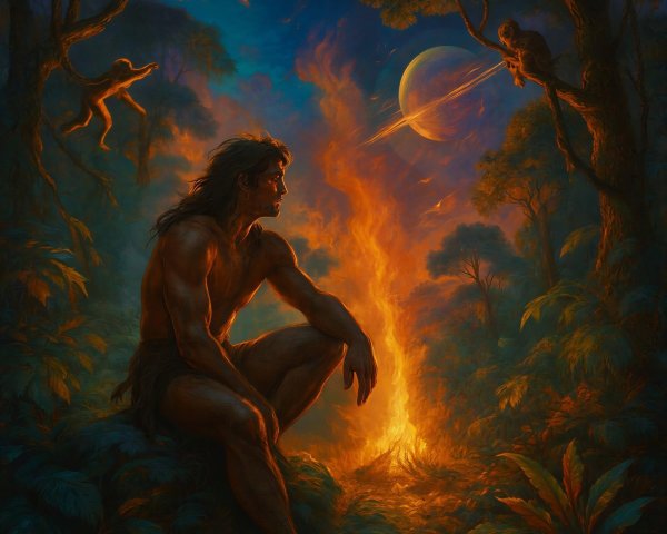 Digital painting of a man by a vibrant fire and planet