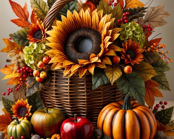 Cozy Autumn Basket with Sunflowers and Seasonal Fruits