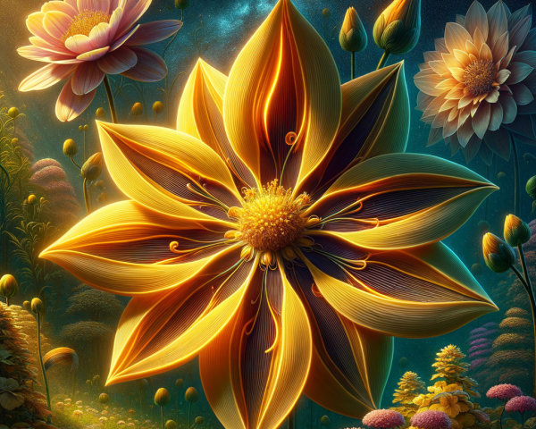 Surreal Garden Landscape with Giant Golden Flower