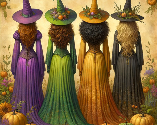 Four Witches in Colorful Gowns and Pointy Hats