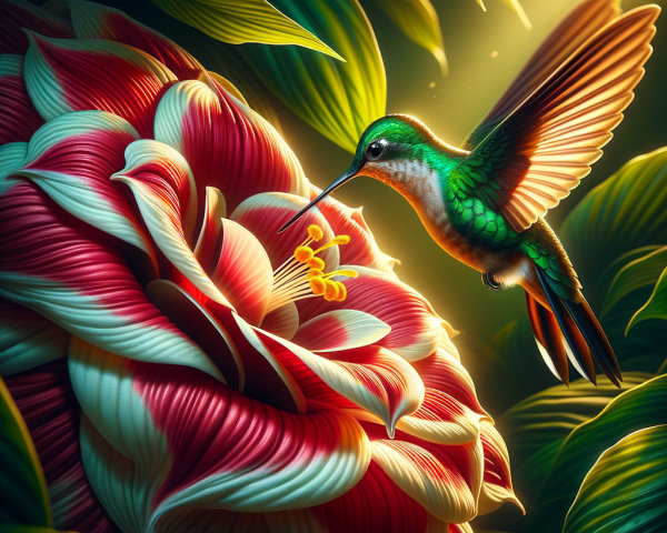 Hummingbird Near Large Red and White Flower in Light
