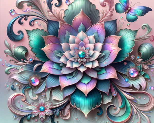 Intricate Floral Composition with Butterfly and Gems