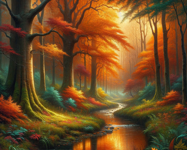 Autumn Forest Scene with Vibrant Foliage and Creek
