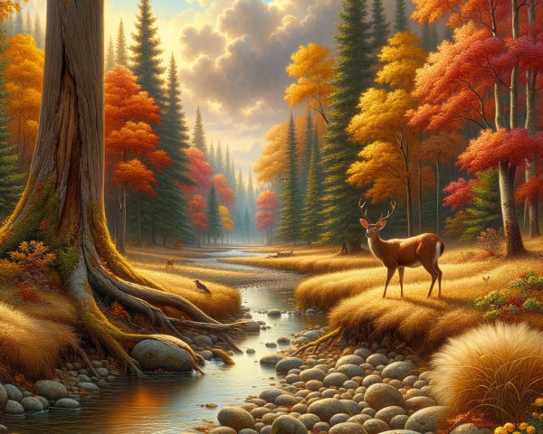 Autumn Landscape with Foliage and Deer by Stream
