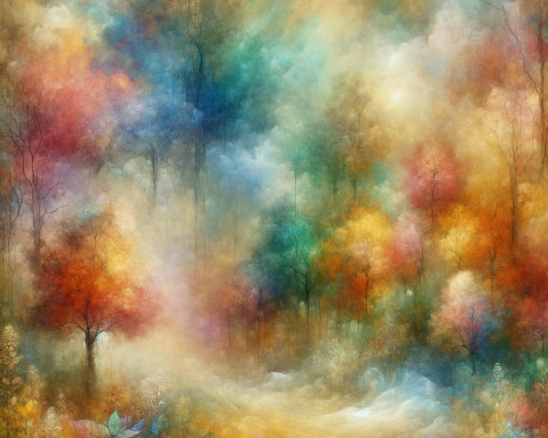Dreamy Landscape with Vibrant Trees and Mist