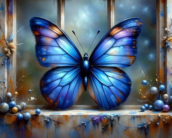Vibrant Blue Butterfly on a Windowsill Scene