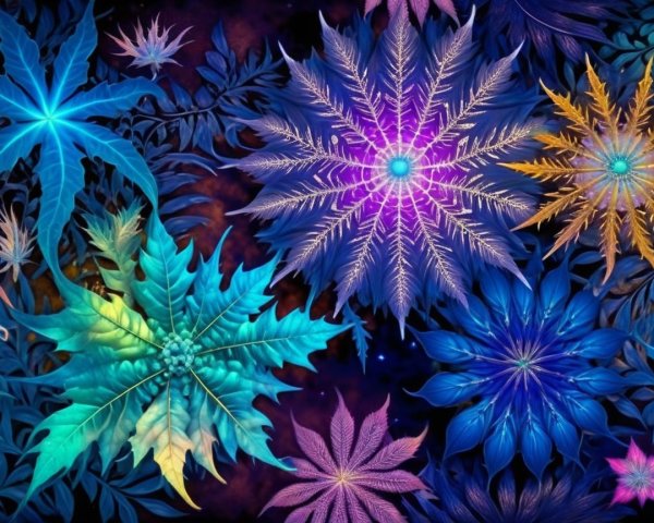 Vibrant Abstract Leaves and Flowers in Cosmic Colors
