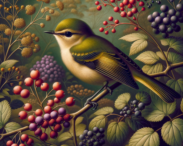 Vibrant bird on branch among lush foliage and berries
