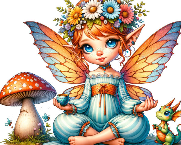 Whimsical Fairy with Butterfly Wings and Dragonling