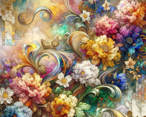 Vibrant Floral Design with Colorful Blossoms and Accents