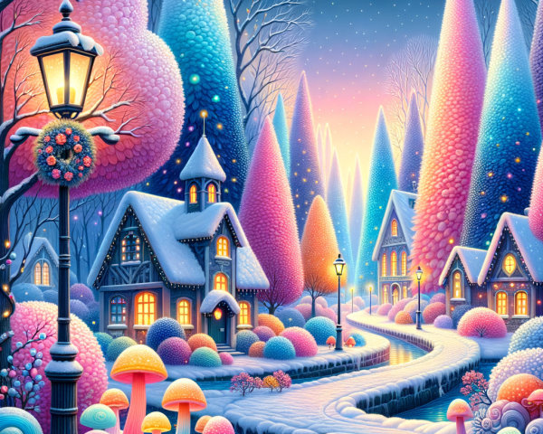 Whimsical Winter Village with Colorful Trees and Lights