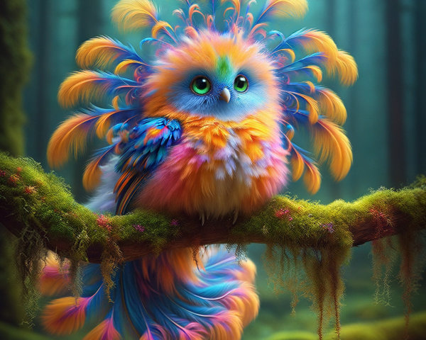 Vibrant Bird on Mossy Branch in Enchanted Forest