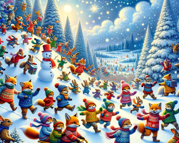 Whimsical Winter Scene with Animals in Colorful Sweaters