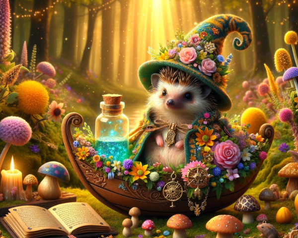 Hedgehog in Wizard Hat in Enchanted Forest Glade