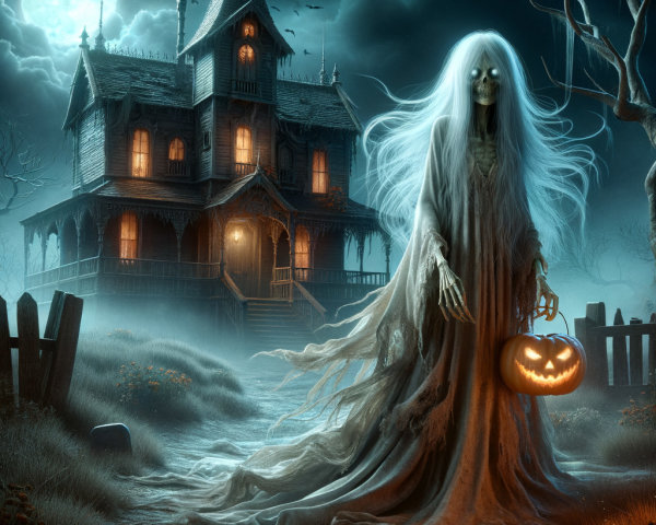 Misty Moonlit Scene with Gothic House and Ghostly Figure