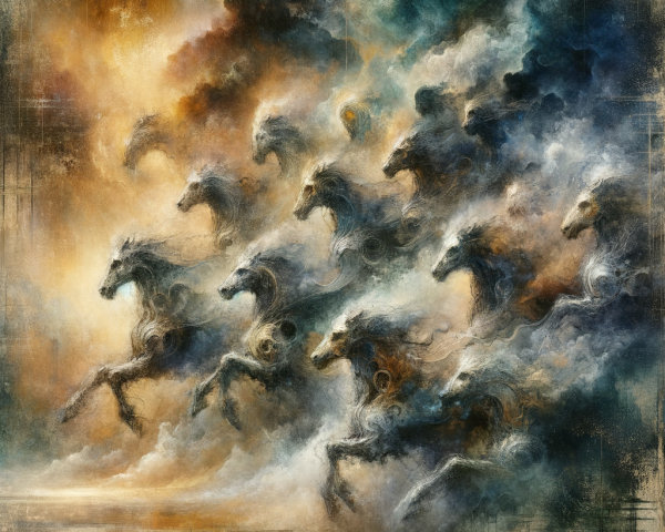 Galloping Horses in Colorful Cloudy Atmosphere
