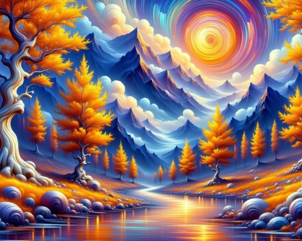 Vibrant Landscape with Swirling Skies and Mountains