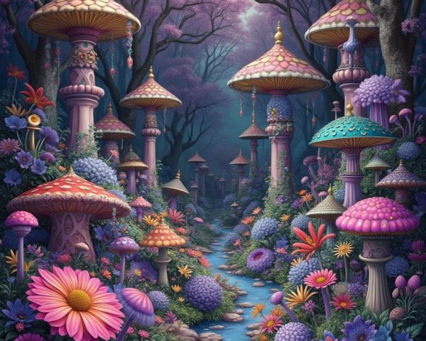 Whimsical Enchanted Forest with Colorful Mushrooms
