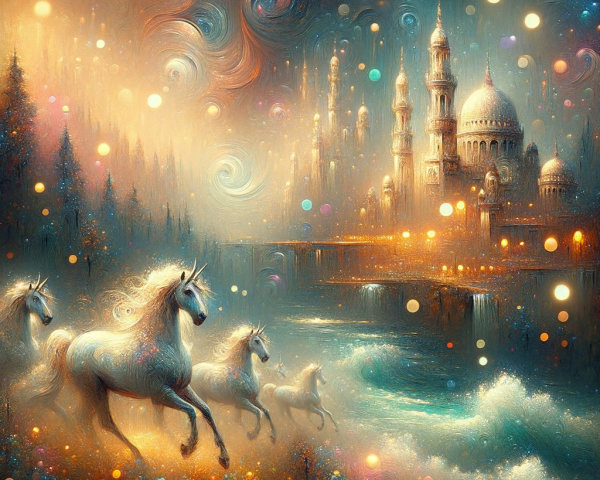 Ethereal Unicorns in a Dreamlike Landscape with Palace