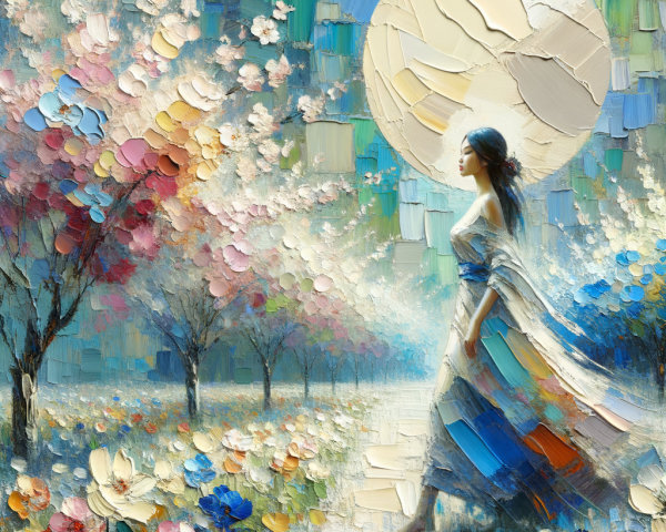 Serene landscape with a woman in a vibrant garden