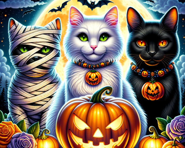 Whimsical Halloween Scene with Festive Cats and Pumpkin