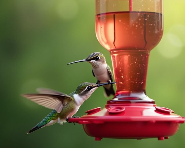 Hummingbirds at a vibrant red nectar feeder