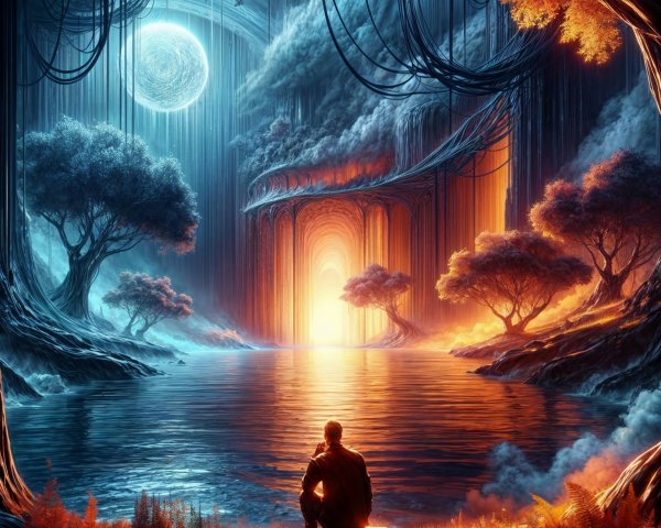 Surreal Landscape with Ethereal Structures and Lake